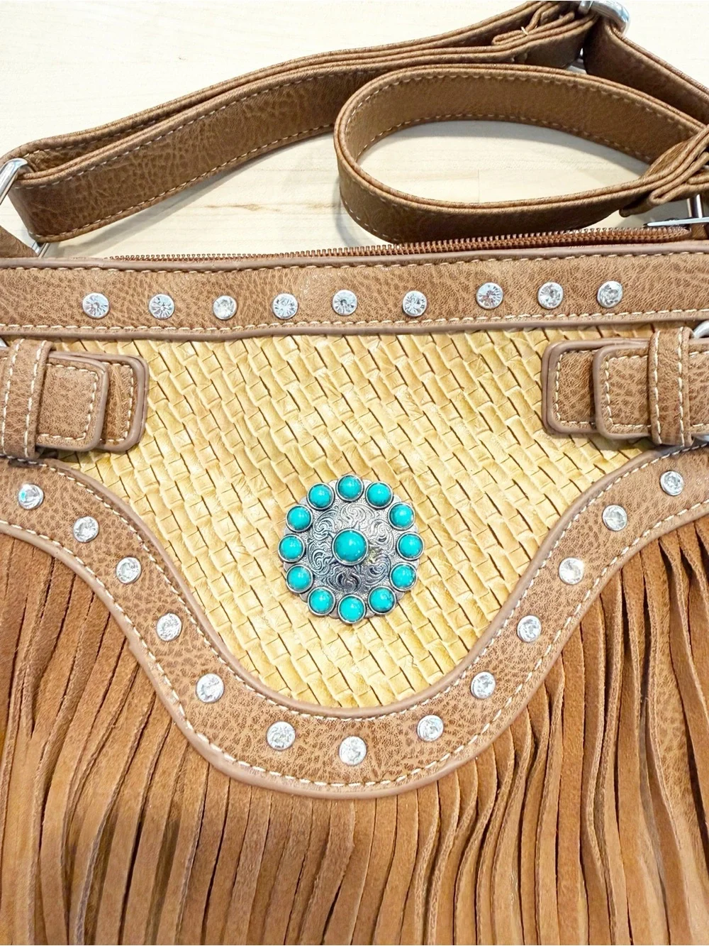 Western Fringe Boho Crossbody Purse turquoise accents Festival